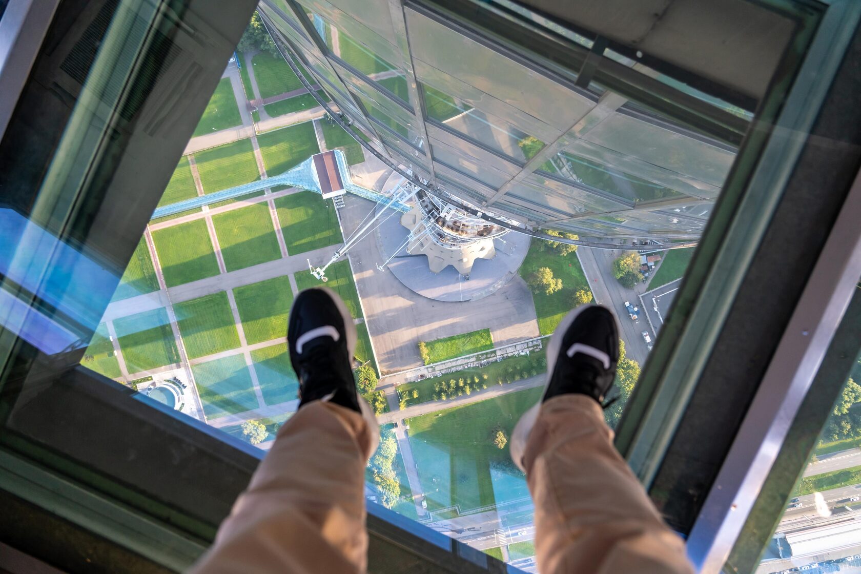 Female feet on glass floor at the Ostankino tower in Moscow, Russia