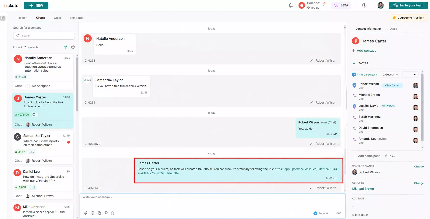 Ваш клиент сможет отслеживать ход работы по своей заявке. Upservice отправит ему ссылку на заявку в канал коммуникации, по которому клиент обратился в компанию и будет уведомлять о ходе работы над ней (передана в работу, выполнена или отклонена). Если заявка была создана оператором не из сообщения клиента, уведомление будет отправлено на email клиента, а если email не указан, то sms-сообщением на номер клиента