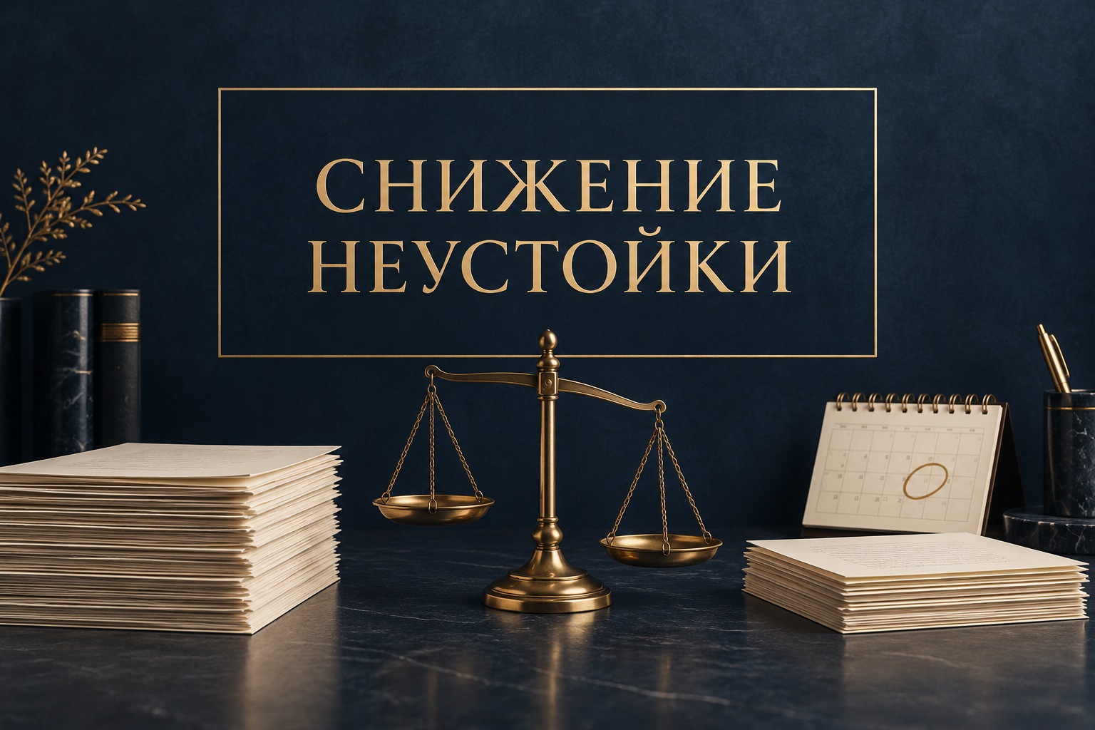 Концептуальная обложка о снижении неустойки: договор, календарь и весы на тёмно-синем фоне