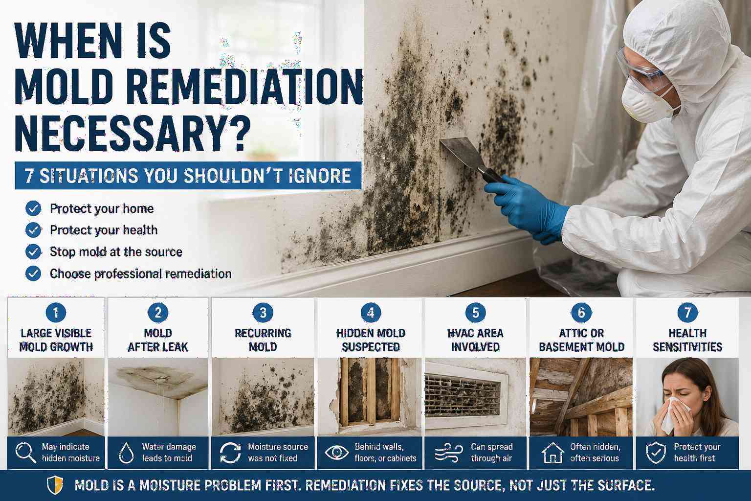 When is mold remediation necessary infographic showing professional mold removal visible mold growth mold after leak recurring mold hidden mold HVAC mold attic mold basement mold and health sensitivity warning signs