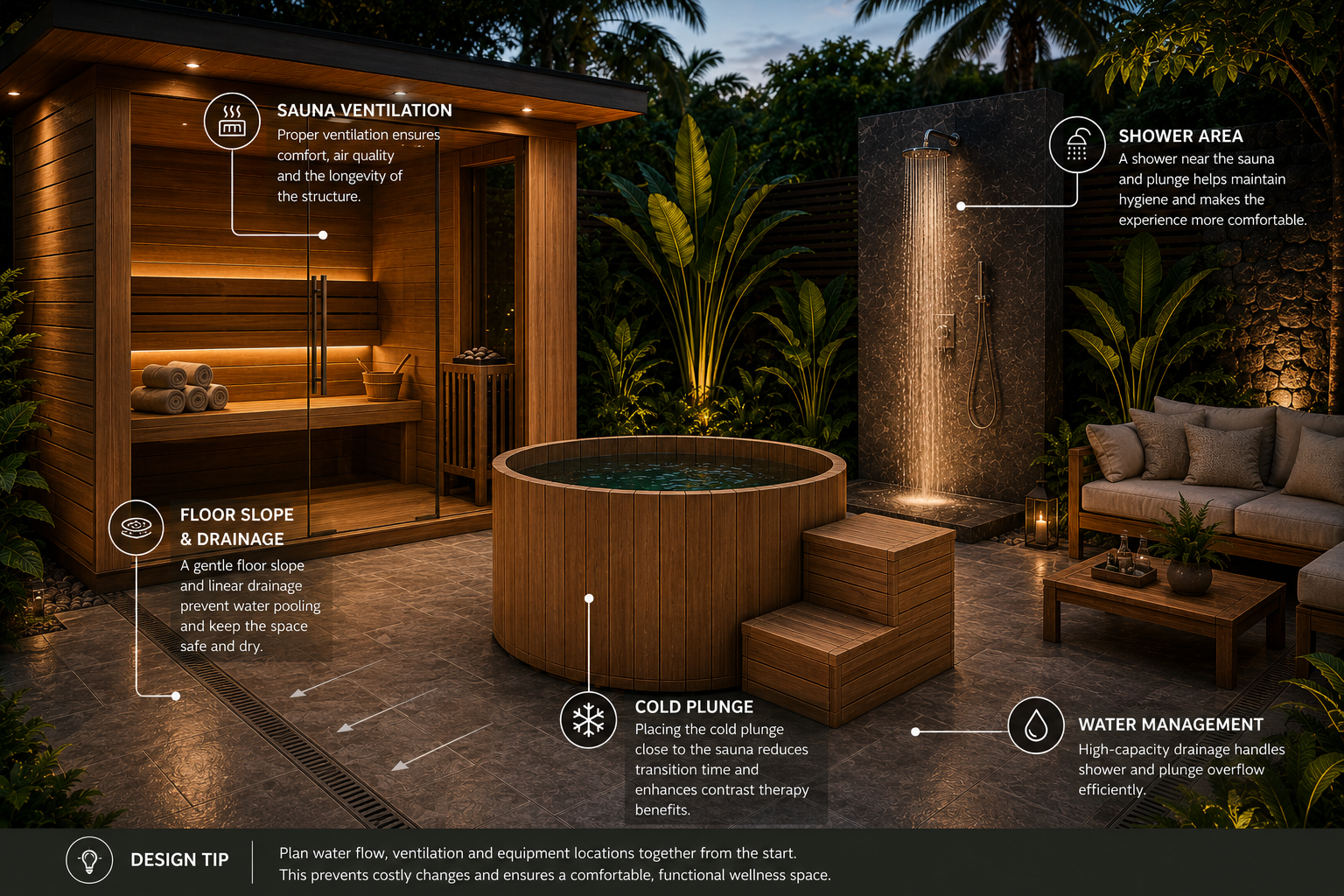 Spa area design with sauna, cold plunge and integrated floor drainage for a villa wellness space.