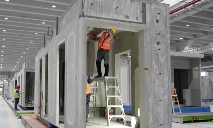 Modular housing units being assembled in a factory production line