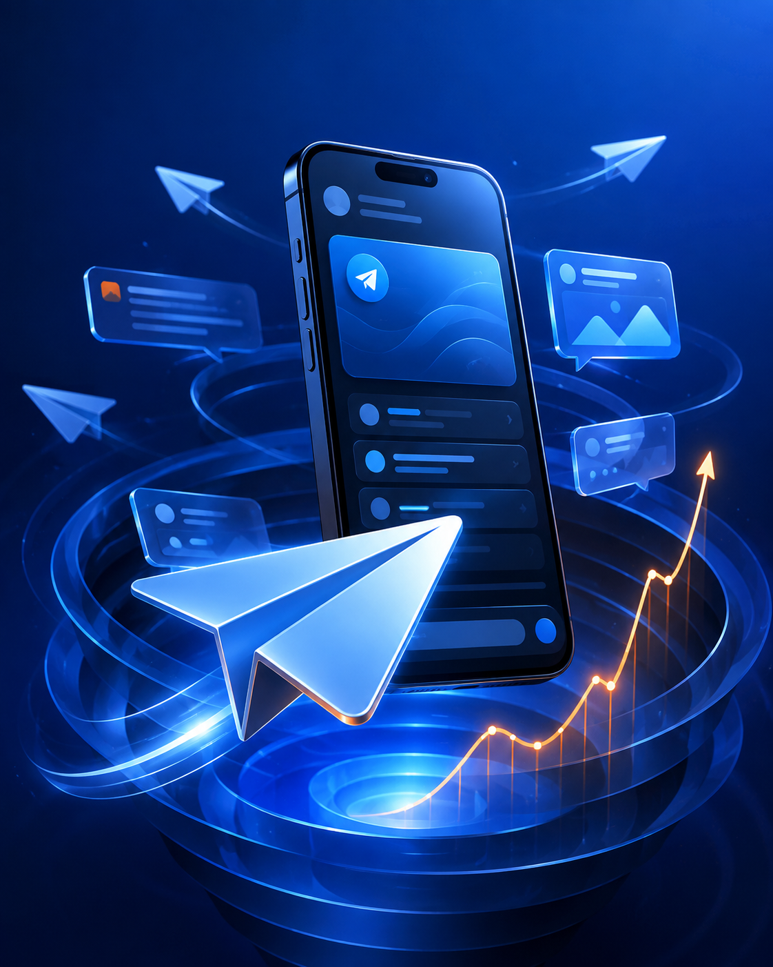 Смартфон, сообщения и бумажные самолёты — визуальная метафора продающего Telegram-канала