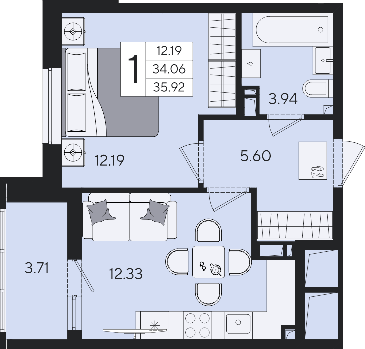 1-комнатная 35,92 м²