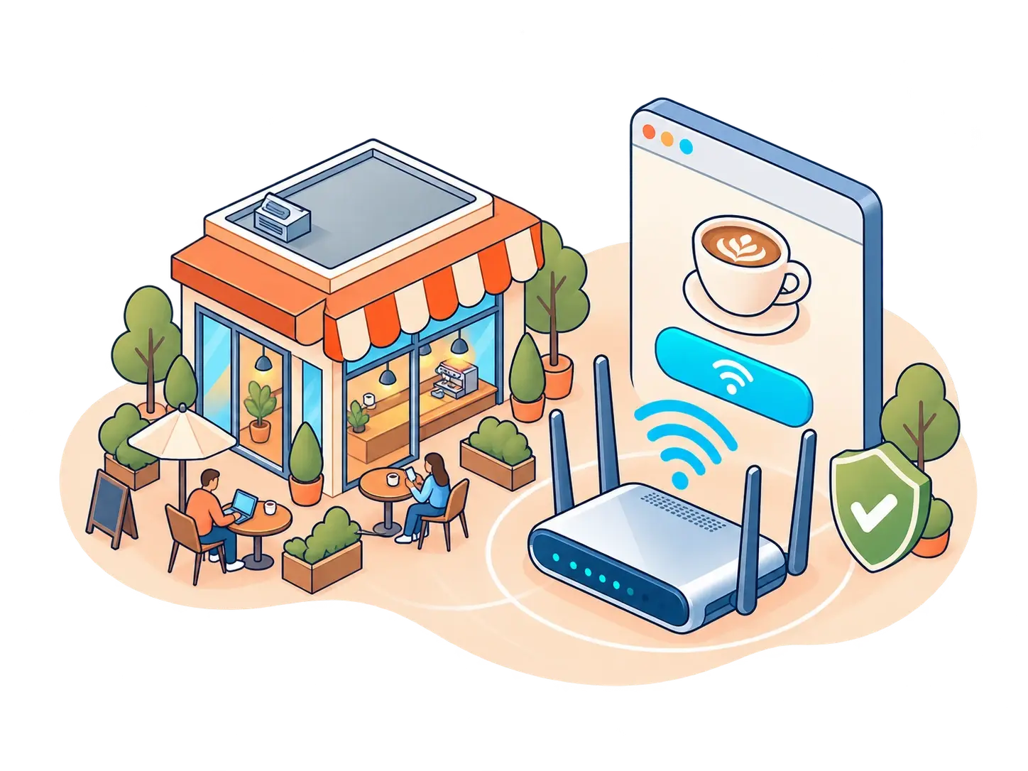Роутер Wi-Fi, страница кафе и защитный щит