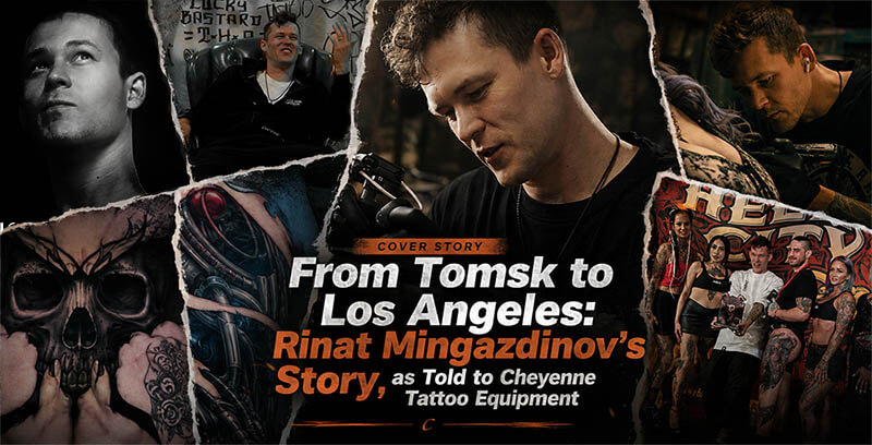 From Tomsk to Los Angeles: Rinat Mingazdinovs Story as Told to Cheyenne Tattoo Equipment editorial collage featuring Rinat Mingazdinov tattooing his award-winning work biomechanical art and international tattoo convention achievements 509