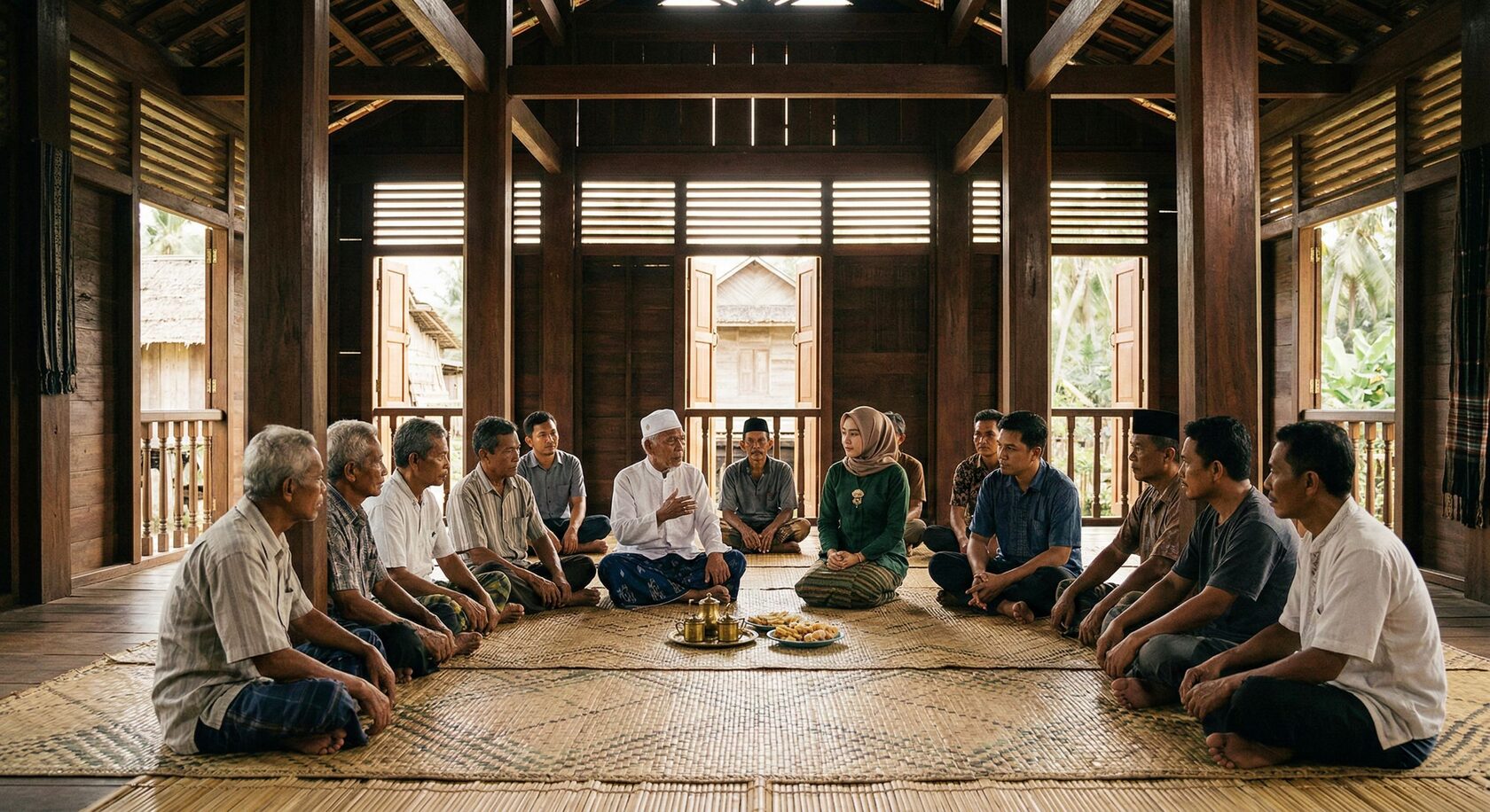 Musyawarah masyarakat Bugis di rumah kayu tradisional sebagai ilustrasi pangadereng, tatanan sosial, dan nilai hidup bersama