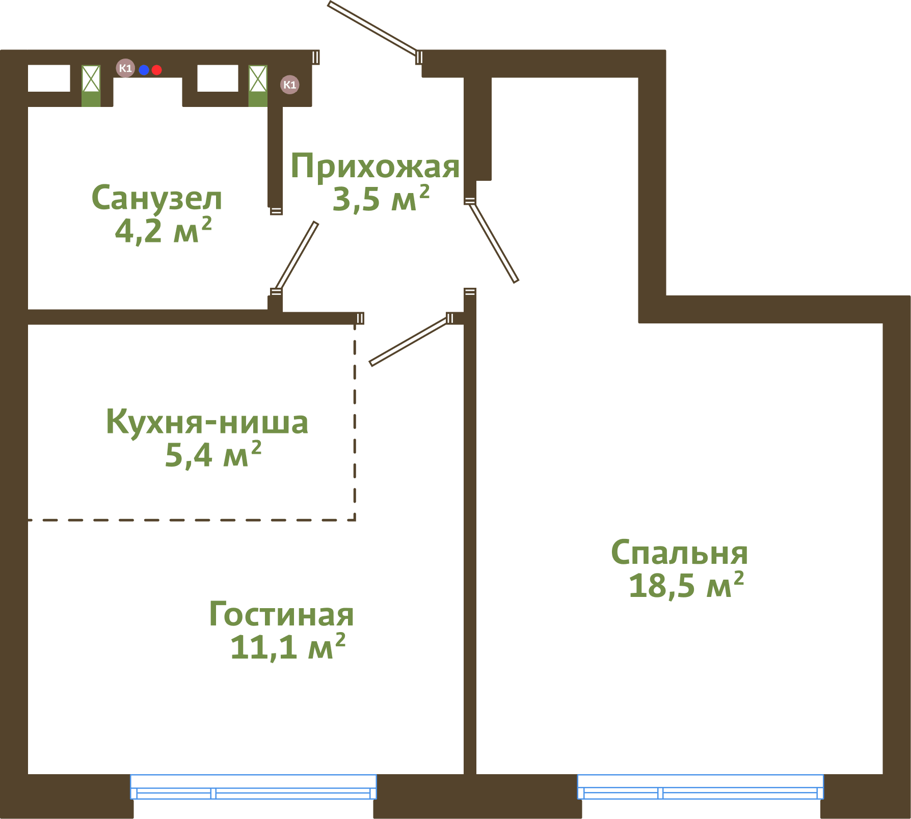 Планировка 2-комнатной квартиры 42,70 м²