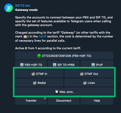 Setting up features for Telegram users' call history to the Gateway account