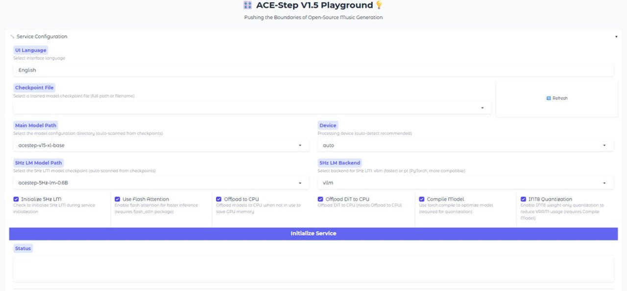 Интерфейс ACE-Step V1.5 Playground