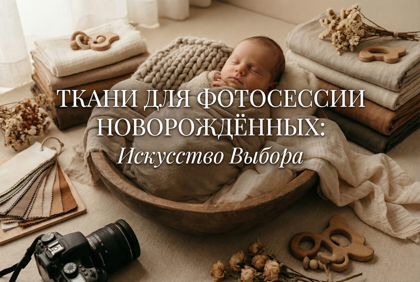малыш лежит в чаше для фотосессии и рядом тканевые фоны