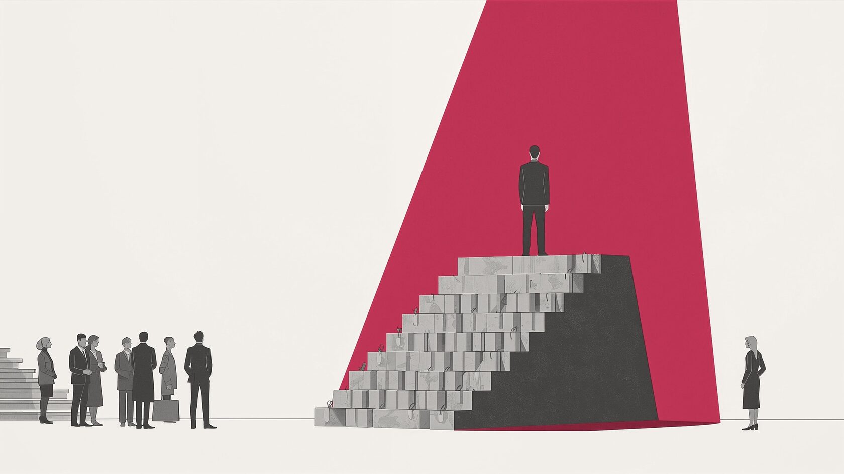 A man stands on top of a staircase built from shopping boxes in a raspberry spotlight, with others waiting below