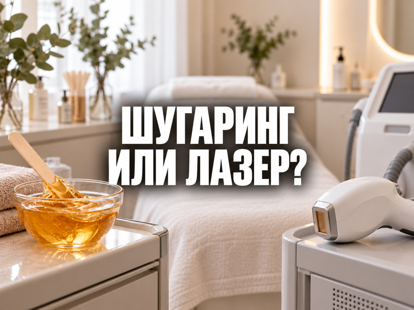 На фоне светлого кабинета рядом лежат сахарная паста и лазерная манипула; в центре надпись «Шугаринг или лазер?»; по центру фраза «ШУГАРИНГ ИЛИ ЛАЗЕР?»