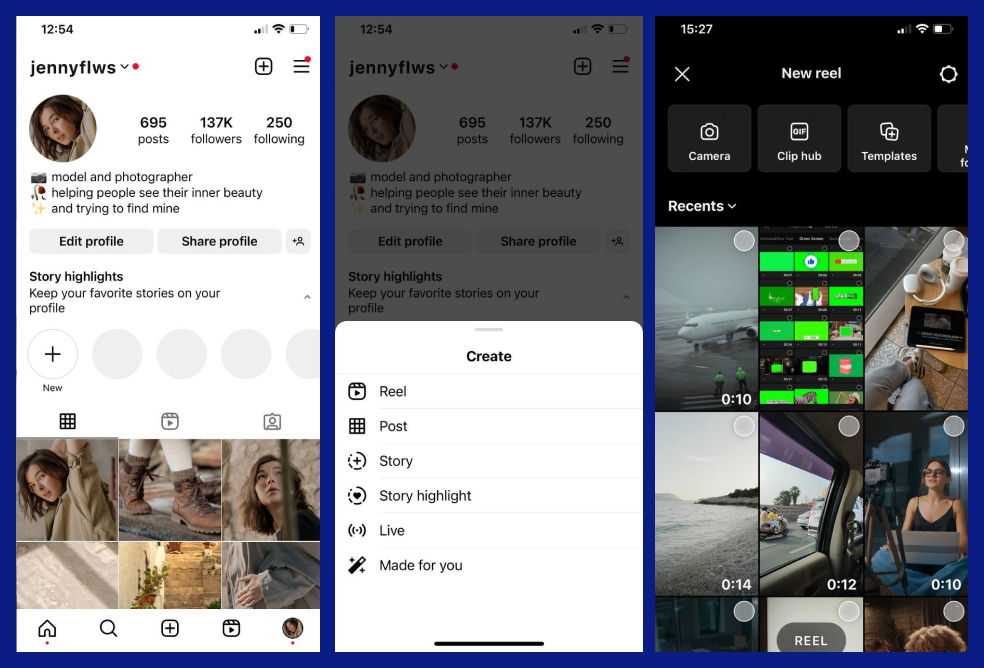 The screenshots show how to upload a new Reel to Instagram: you need to go to your profile, click the “+” button in the upper right corner and select one of the options (add a video from the device's gallery or shoot a new one).