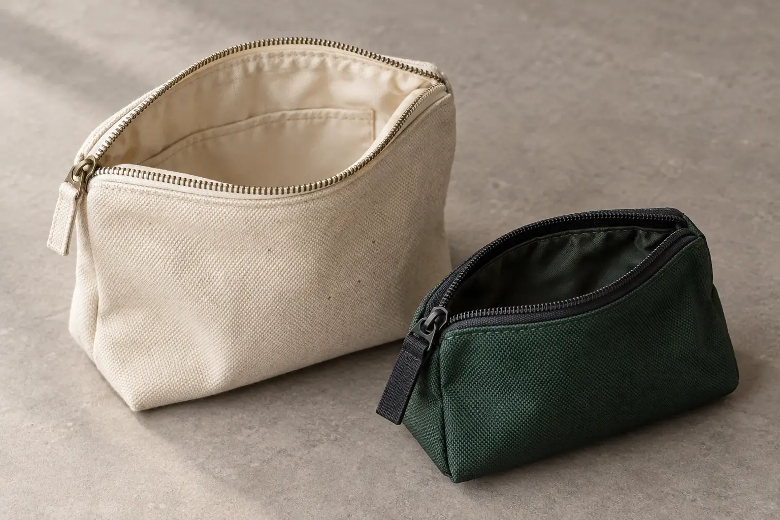 Две раскрытые текстильные косметички: светлая с подкладкой и тёмно-зелёная на молнии