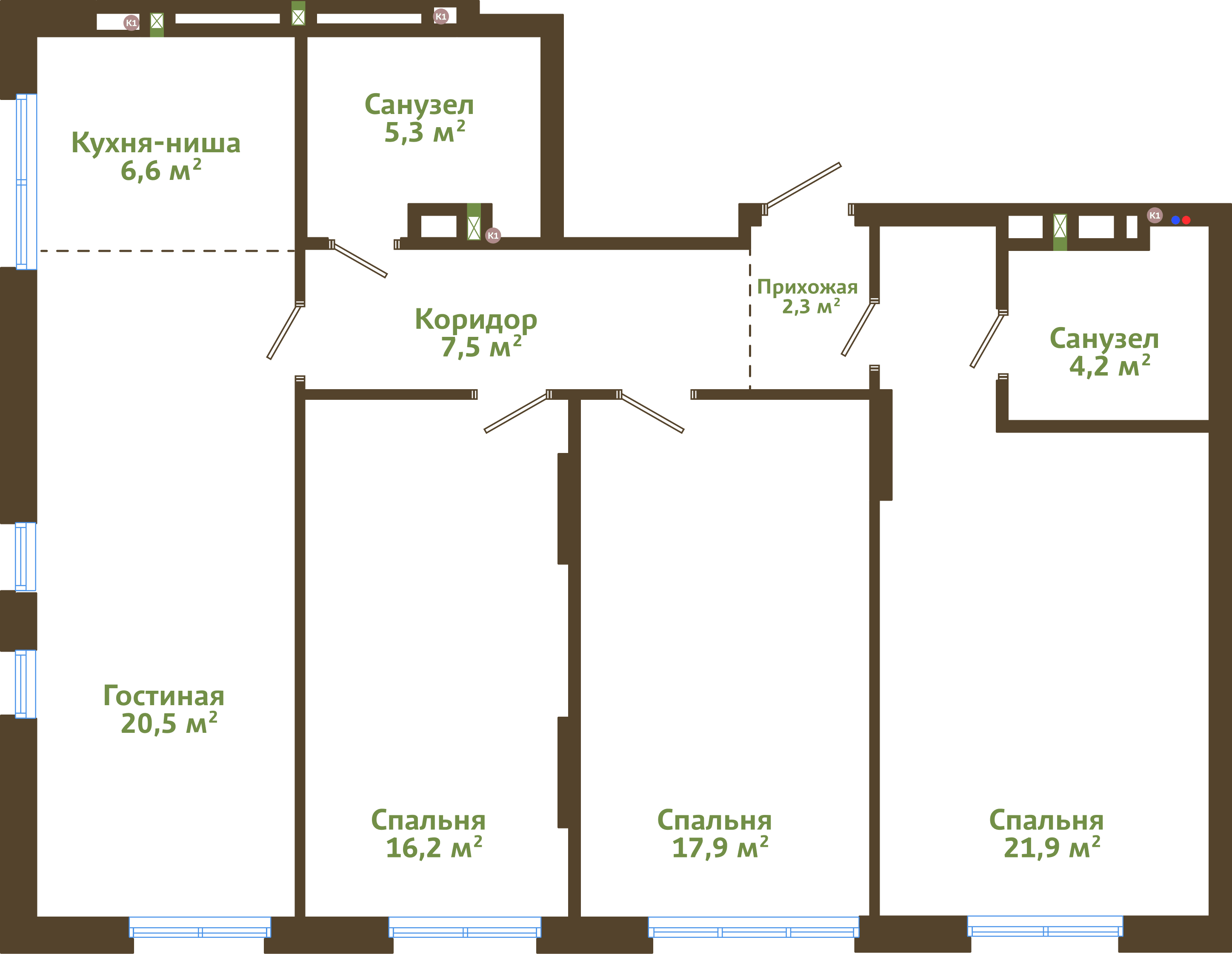 Планировка 4-комнатной квартиры 102,4 м²
