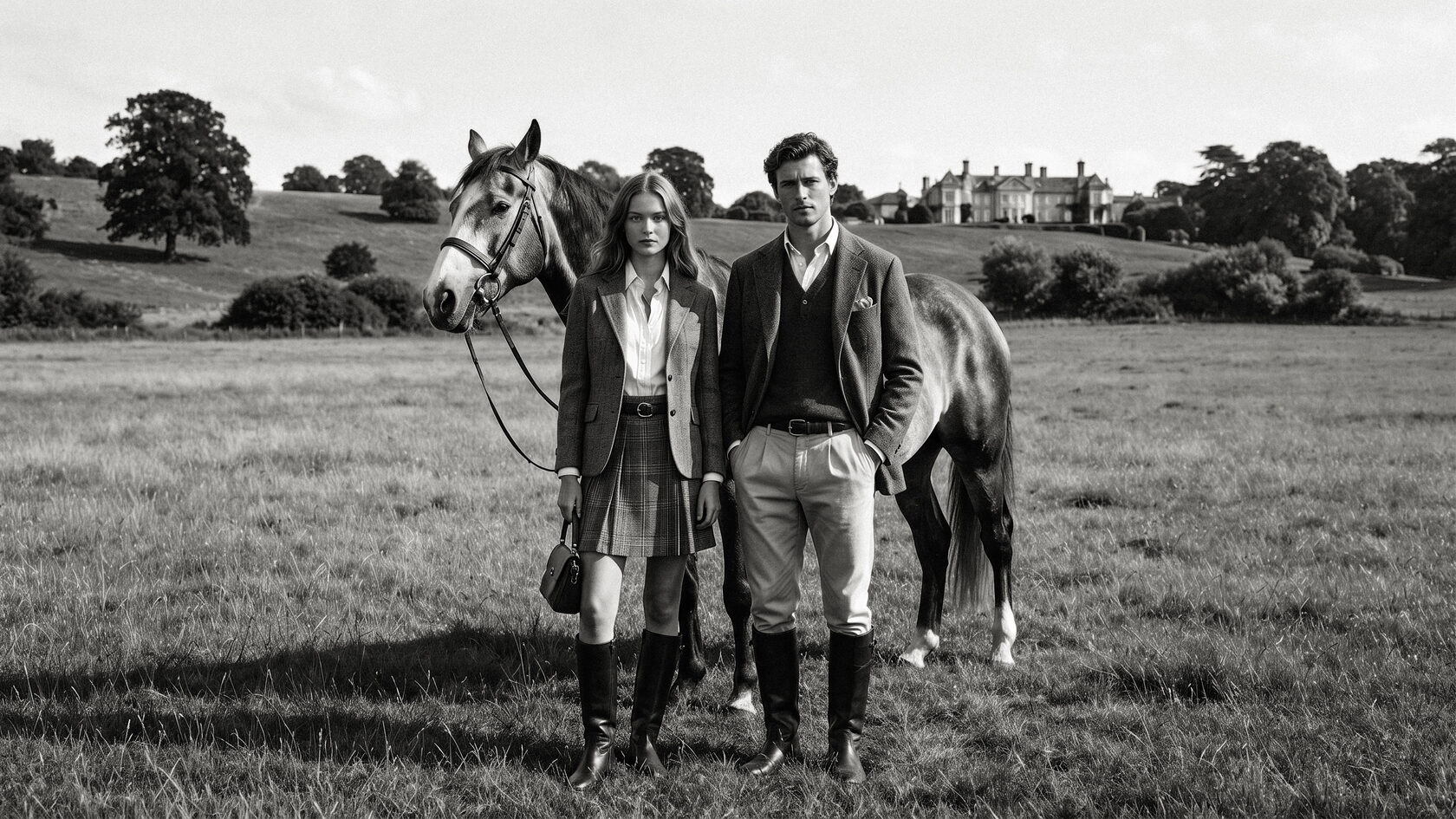 Old money couple with horse in field