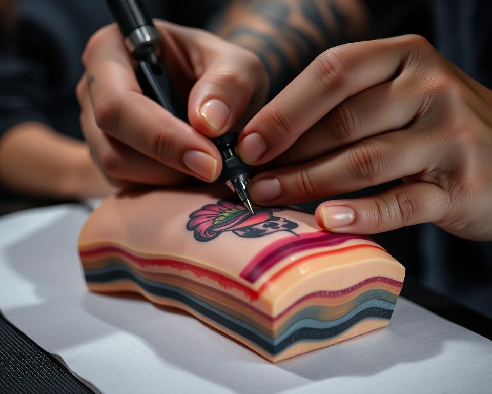 A close-up shot of a tattoo artist's hands expertly maneuvering a tattoo machine over a silicone skin model, showcasing the precise techniques and delicate touch required. The machine's needle glides smoothly, depositing vibrant tattoo ink into the layered skin structure. The artist's workspace is well-lit, creating dramatic shadows that accentuate the intricate motions. The scene conveys the focus, discipline, and technical mastery essential for aspiring tattoo artists to develop during their drawing lessons and tattoo training.