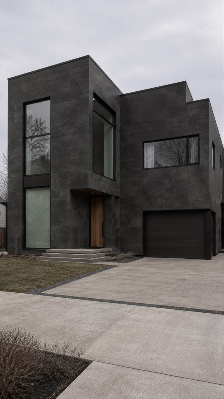 Flexible Stone in a Dark Gray Bush-Hammered Texture for a Modern Facade