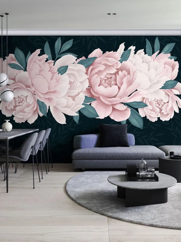 Тёмные обои с пионами в интерьере