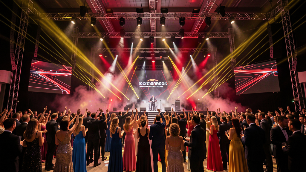 Atmospheric concert stage during a grand corporate gala in Noyabrsk with professional linear beam lighting, laser rigs, smoke effects, modern LED screens, and Russian guests dressed in evening gowns and sharp suits enjoying the festive celebration. Dominant colors are charcoal black, deep crimson red spotlight accents, and warm golden ambient glow, 45% black, 35% crimson red, 20% gold