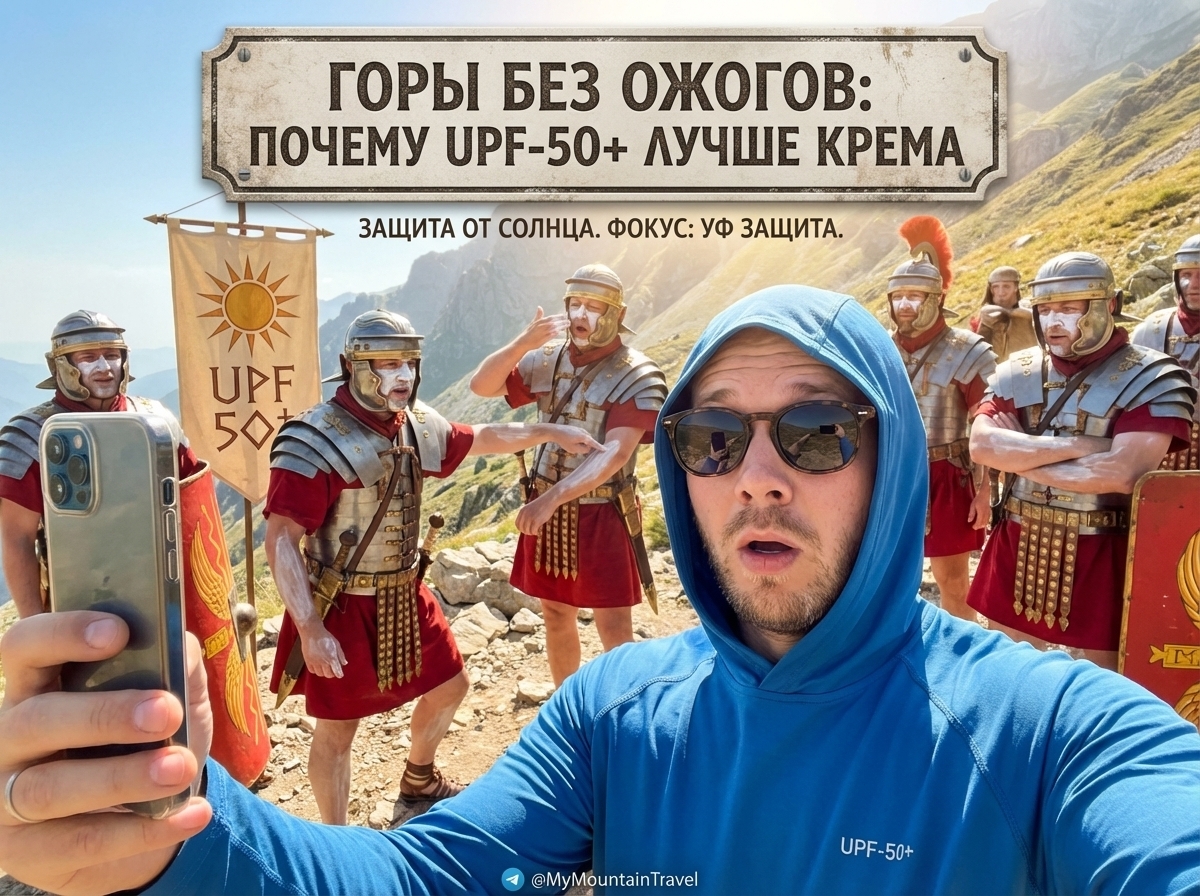 Турист в горах использует одежду гарантирующую надежную УФ защиту.