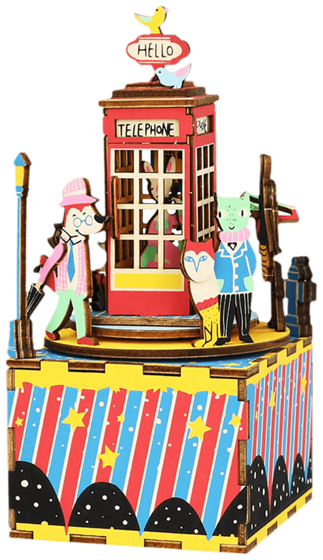 Eco-friendly DIY wooden constructor puzzle colourful music-box with telephone booth and animals