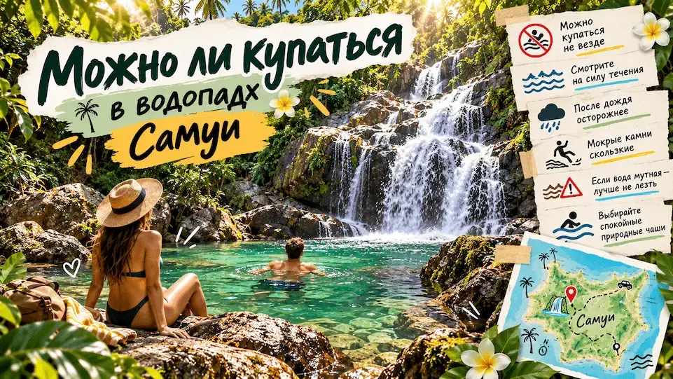 Купание в природном бассейне у водопада на острове Самуи