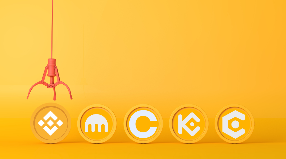 Coins with the logos of Binance staking, Kraken, Coinbase, KuCoin, and MyCointainer, the best staking platforms.