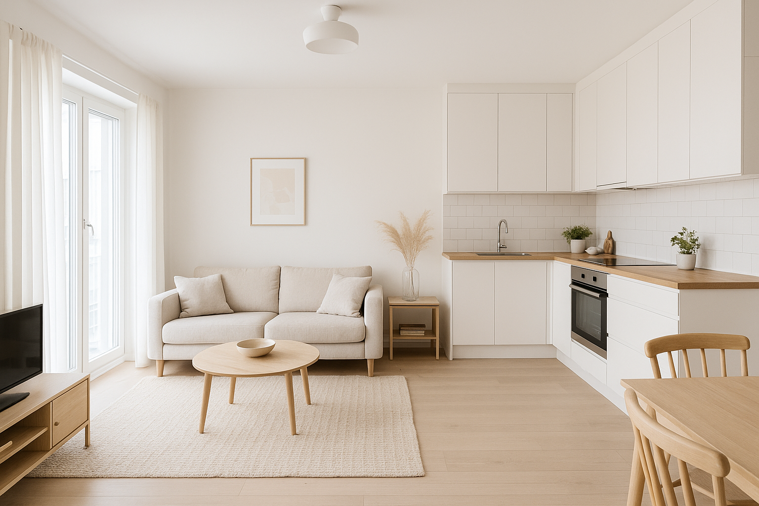 Светлая маленькая квартира с объединённой кухней и гостиной в светлой палитре