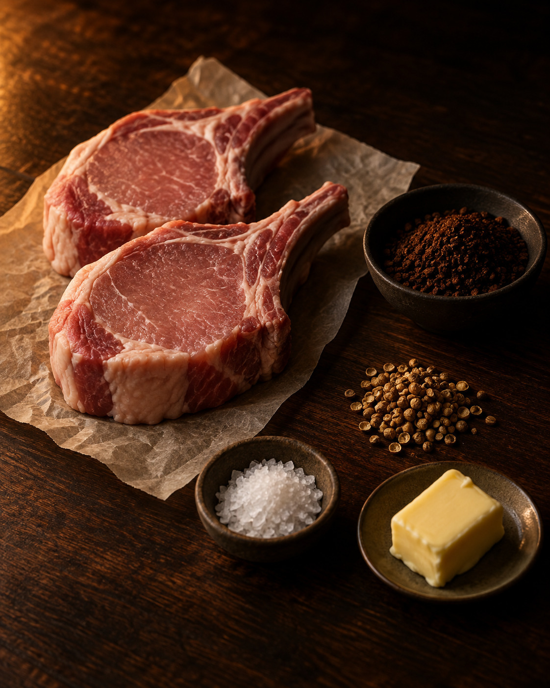 Two raw bone-in pork chops on parchment with ground coffee, cracked coriander, flaky salt and butter — the five ingredients