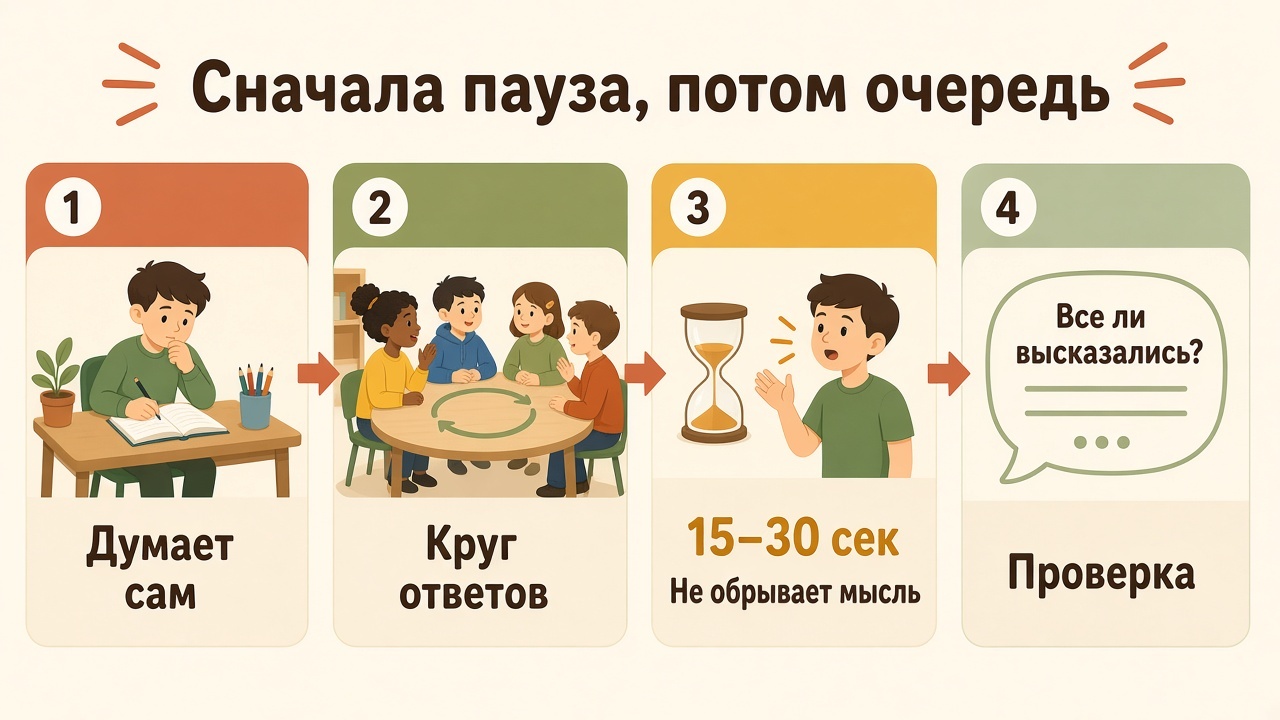 Сначала пауза на свою мысль, затем круг ответов, короткое время и проверка: все ли высказались