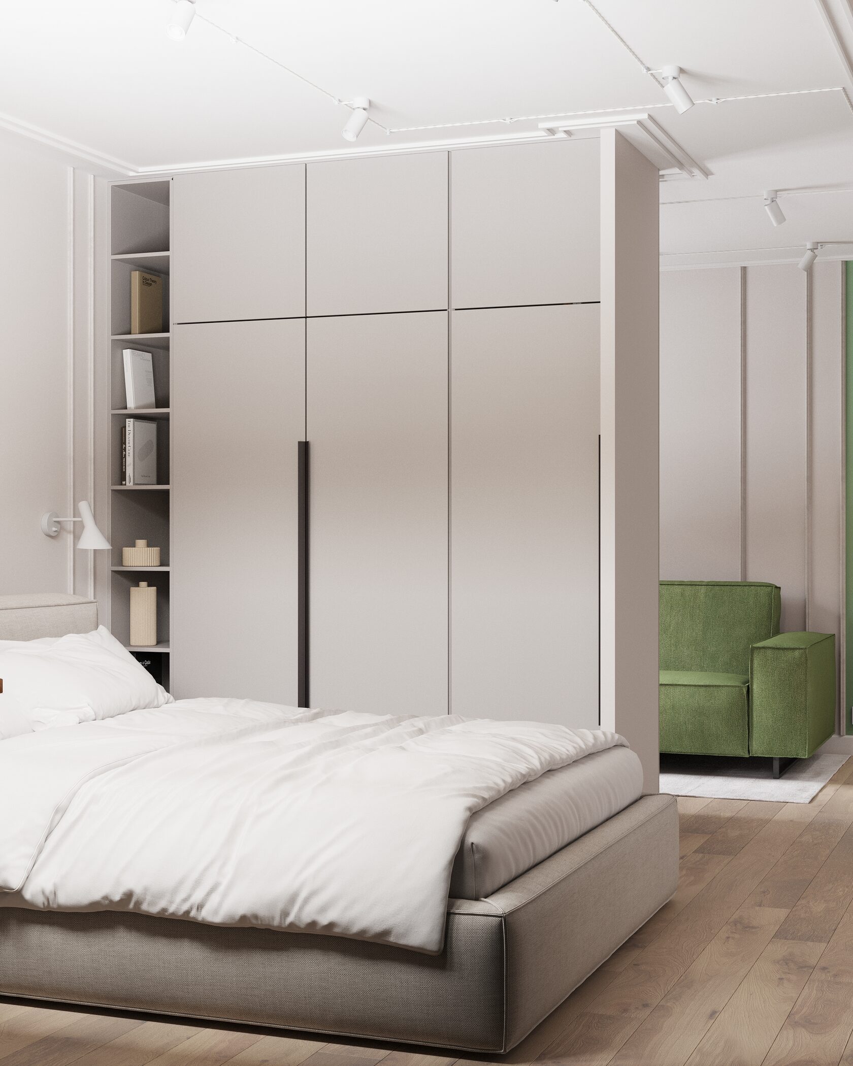 кровать и шкаф в спальне