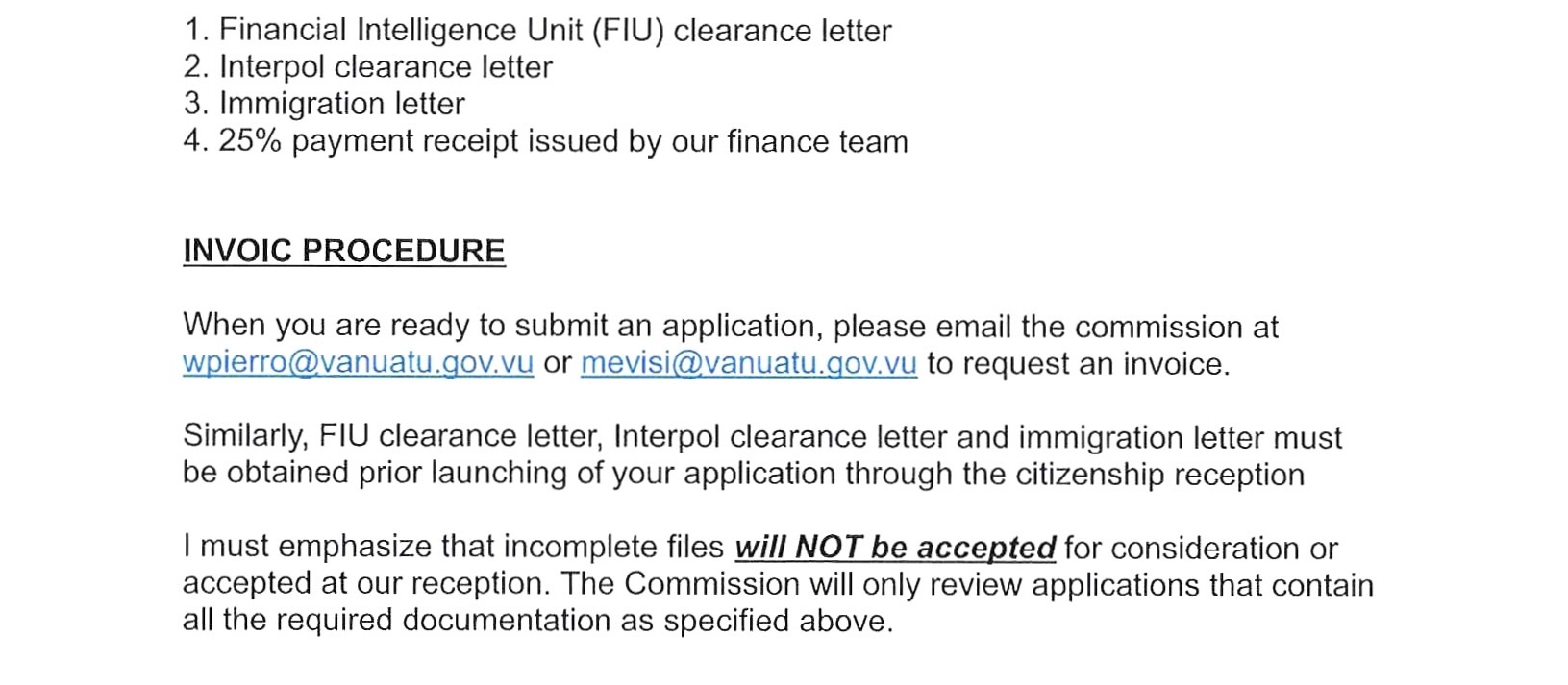 Official 2025 memo issued by the Vanuatu Citizenship Commission, including the commission meeting schedule and mandatory documentation requirements for all designated agents under the DSP and CIIP programs.