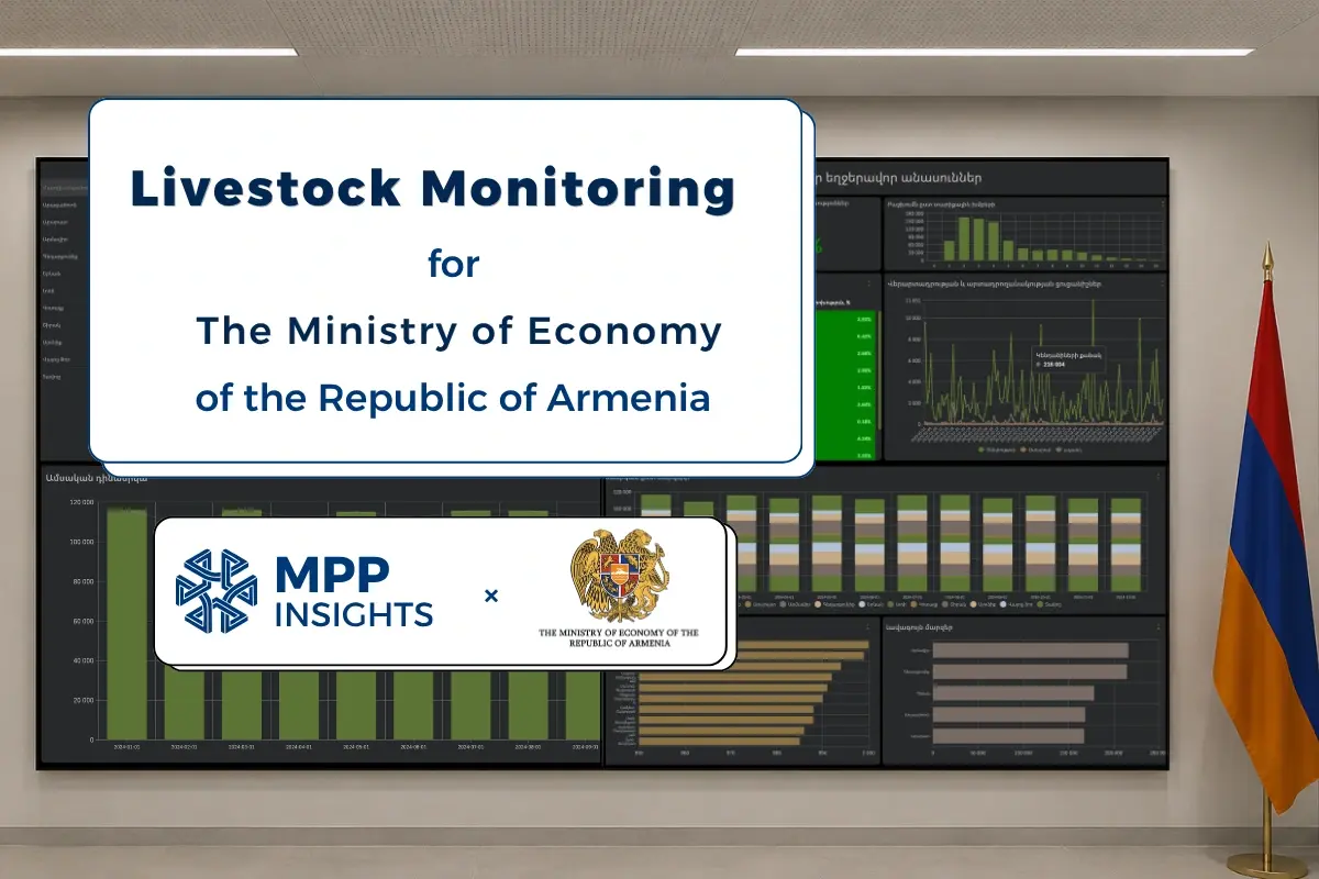 Featured image for the MPP Insights livestock monitoring project walkthrough for the Ministry of Economy of the Republic of Armenia, showing live dashboards on a wall-mounted screen