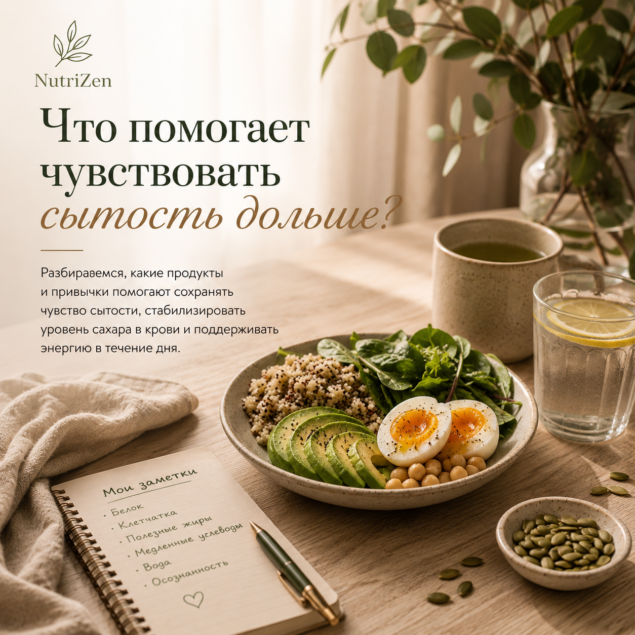 Что помогает чувствовать сытость дольше — полезный сбалансированный завтрак с ягодами и зеленью в стиле NutriZen.