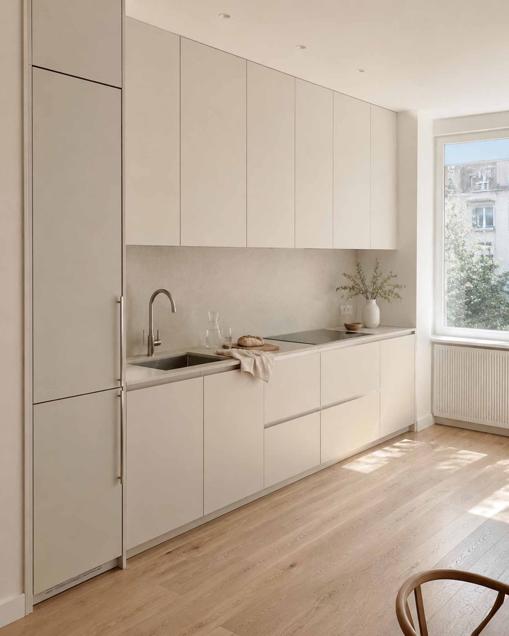 Светлая прямая кухня в стиле warm minimalism вдоль стены с высокой колонной для техники и встроенной подсветкой.