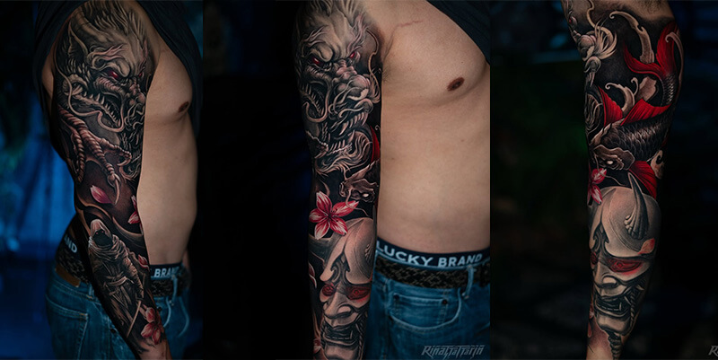 Custom dragon sleeve project completed in 5 sessions, showcasing high-contrast shading, floral elements, and mythological themes, Rinat Mingazdinov, Los Angeles, West Hollywood
