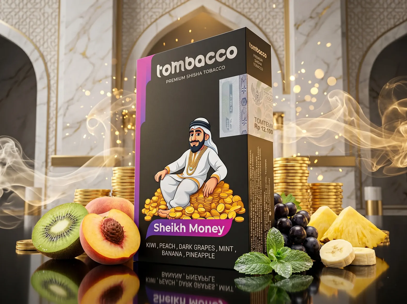 Tombacco Sheikh Money packaging showing a wealthy sheikh on gold coins, surrounded by a rich blend of tropical and stone fruits for a luxurious Adalya Alternatives Bali option.
