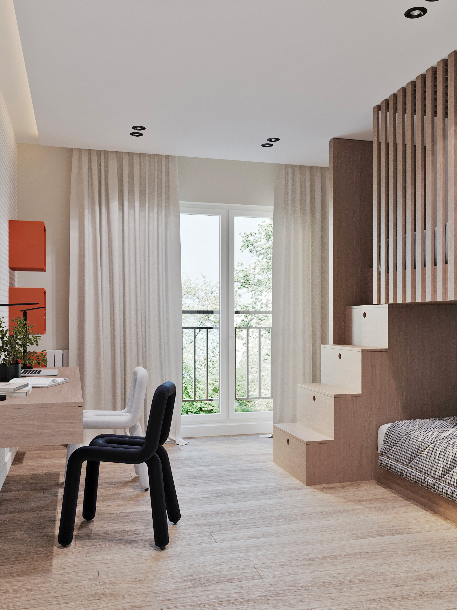 Aménagement chambre enfant et bébé avec lit mezzanine bois clair et espace bureau intégré