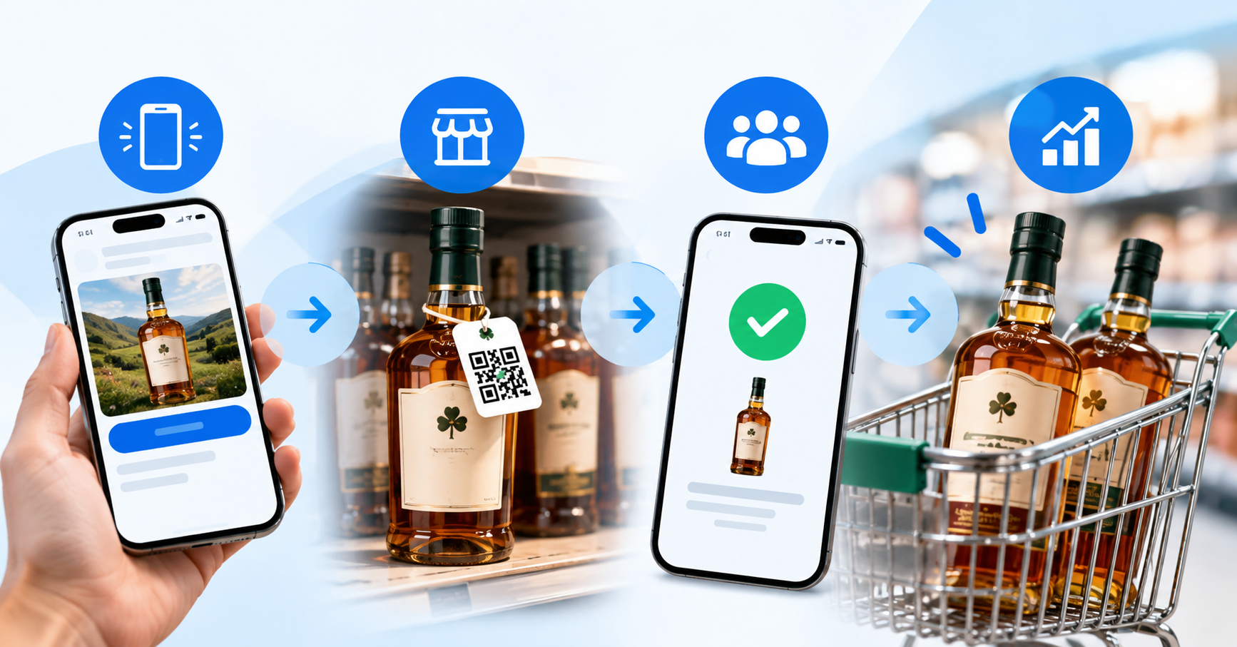 Two whiskey bottles with a +1 badge beside a phone showing a cash-back confirmation and a stack of coins.
