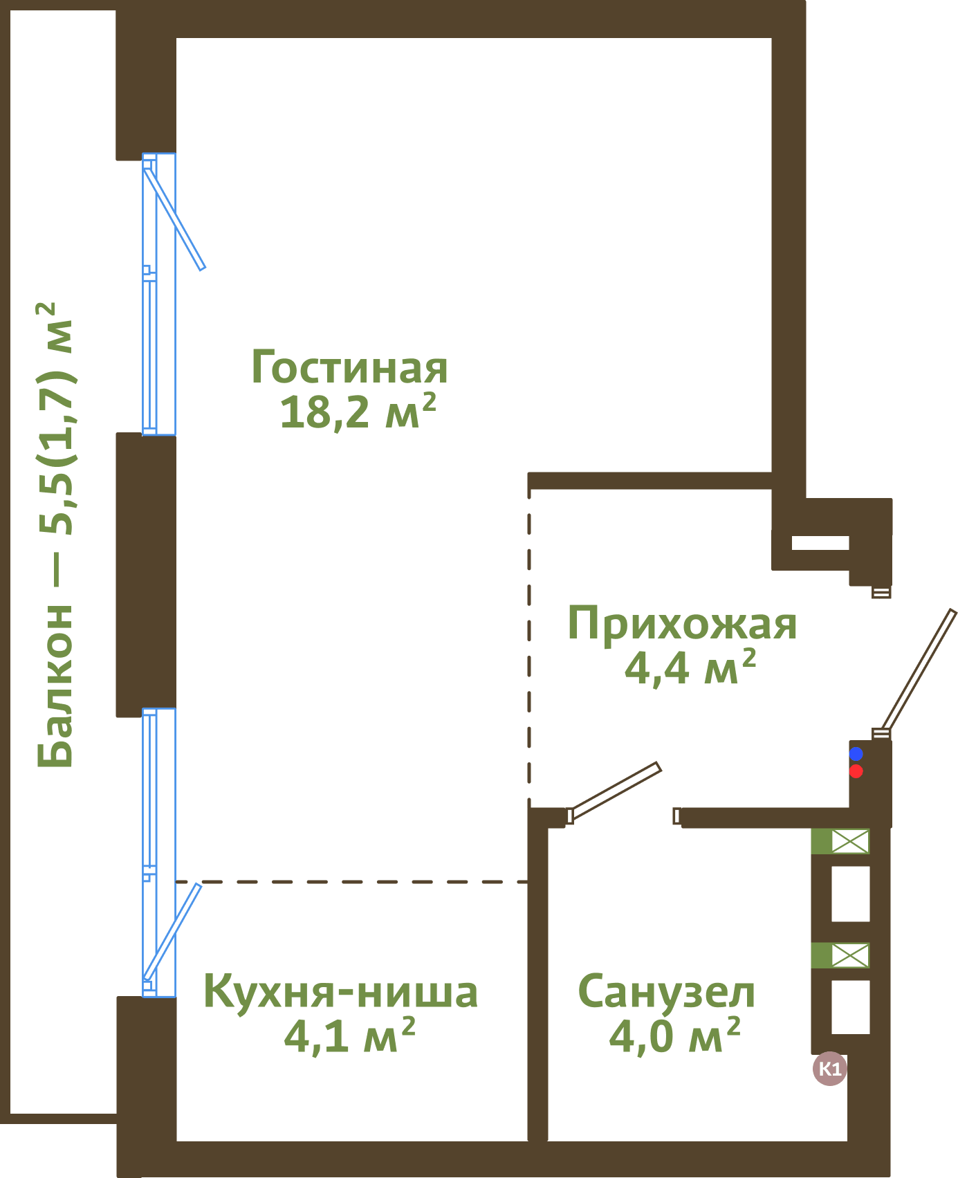 Планировка 1-комнатной квартиры 32,40 м²