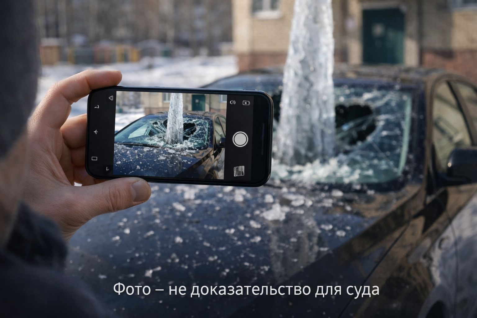 Фиксация повреждения автомобиля на телефон после падения сосульки