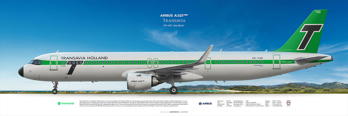 Poster, Airbus A321NEO, Transavia, RetroJet aircraft, on a landscape background