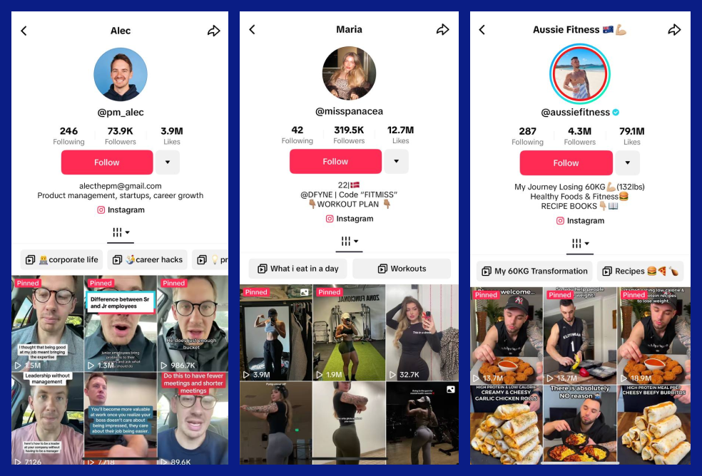 The image contains screenshots of TikTok content creators' profiles. In their bios, you can see that content creators tend to leave links to their other social networks in order to promote several of their profiles at once.