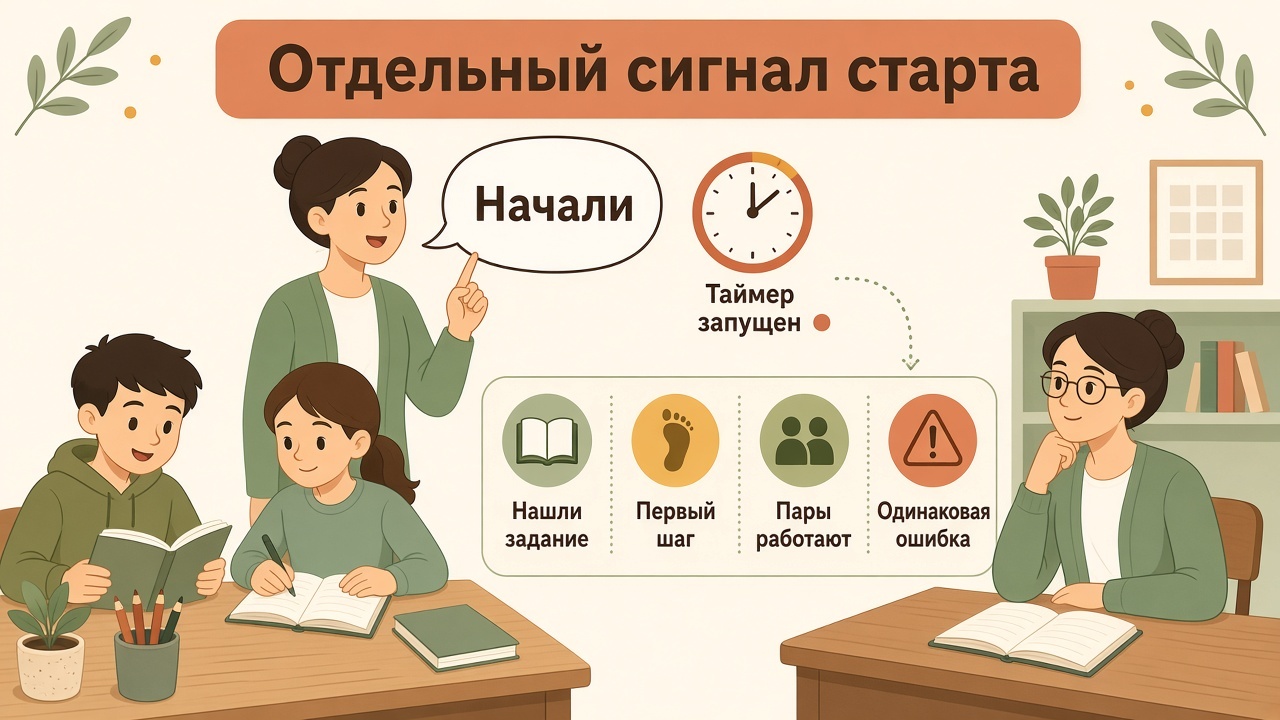 Учитель говорит «Начали», таймер запущен, дети приступают к работе