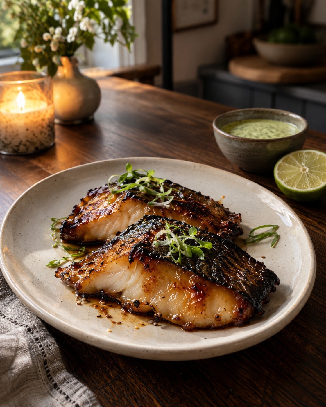 Two miso-glazed black cod fillets with a glossy deep amber glaze on a white plate, wasabi-lime dressing and a lime half beside them, by Miami private chef Marina Staver