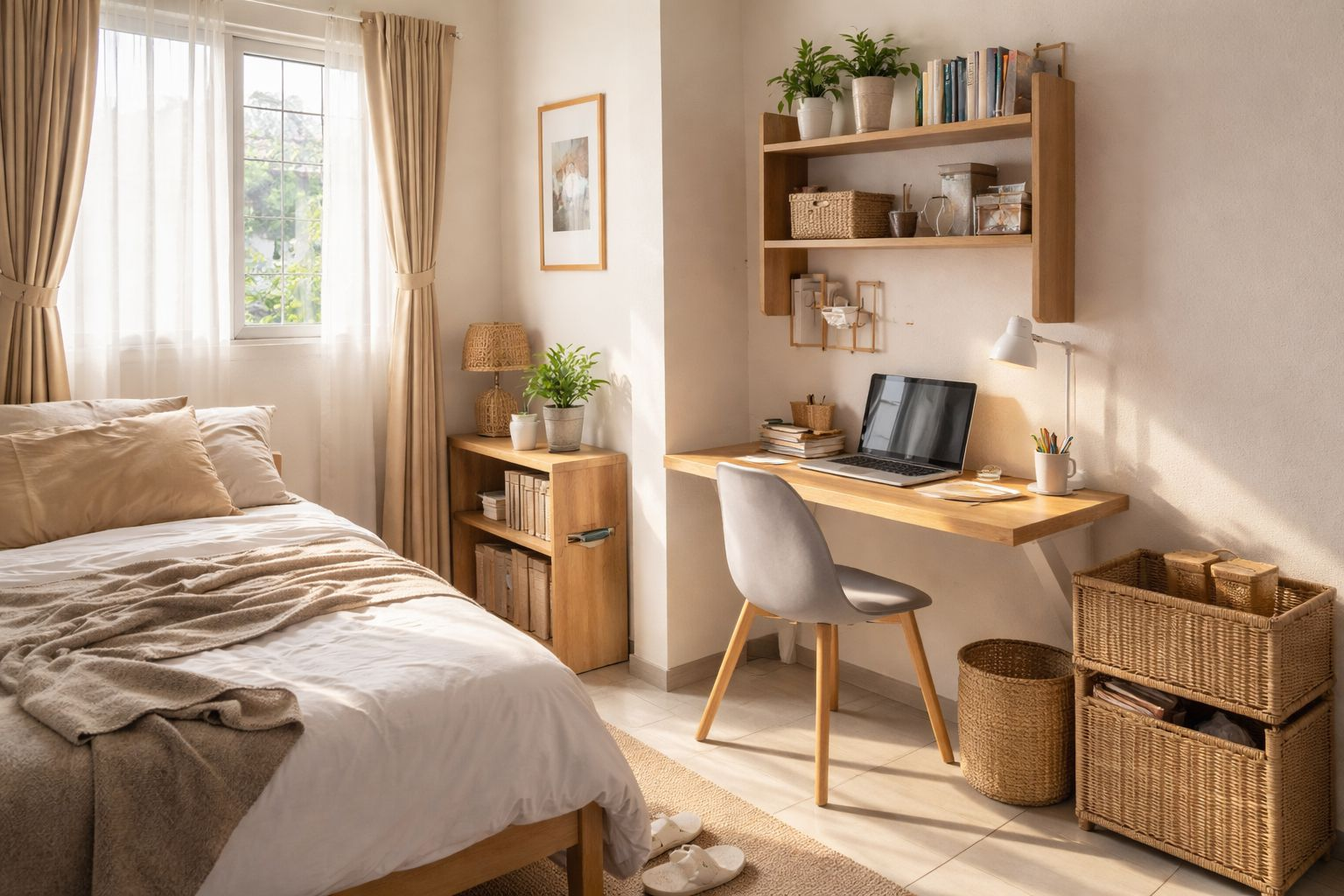 Sudut home office kecil di kamar dengan meja menempel dinding, rak vertikal, kursi sederhana, dan pencahayaan alami dari jendela