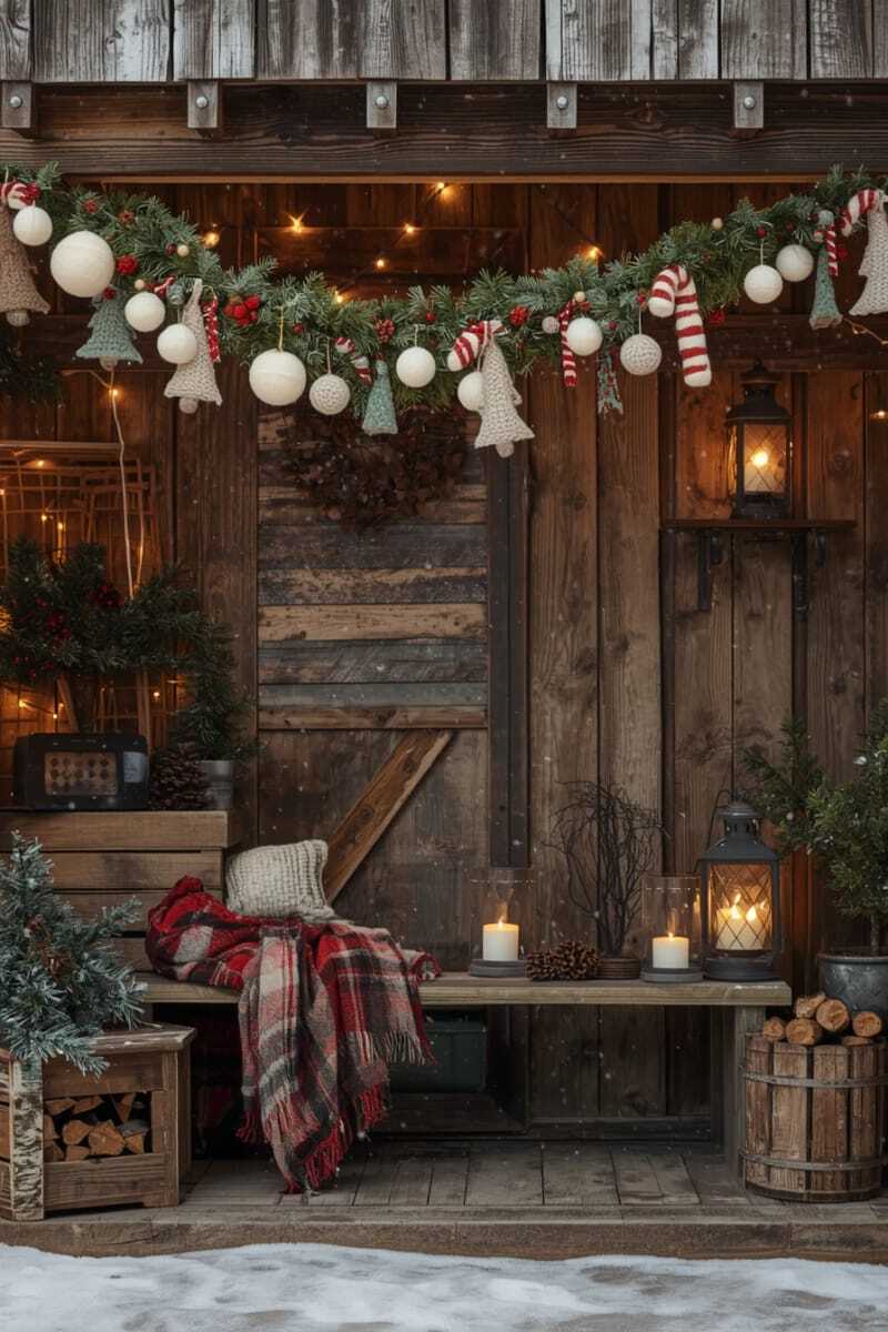 миниатюрные рождественские ёлочки, нанизанные между войлочными снежками и леденцами-тростями 1