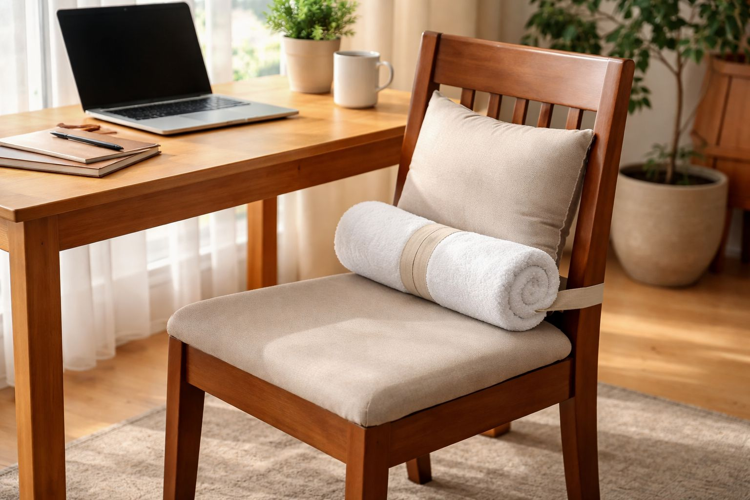 Kursi kayu biasa yang dibuat lebih ergonomis dengan bantal punggung dan gulungan handuk sebagai lumbar support